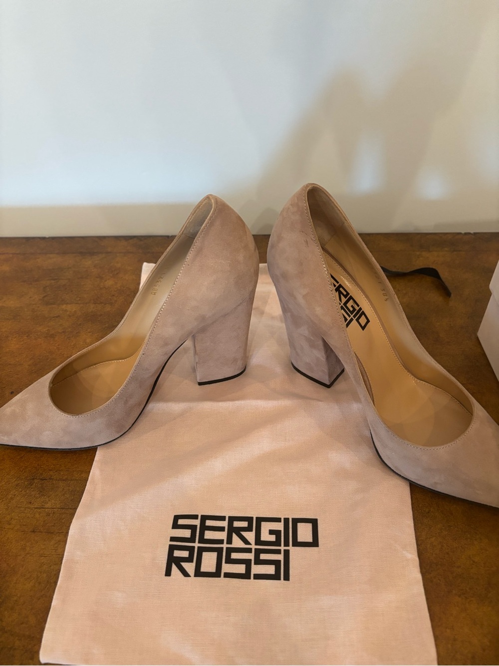 Sergio Rossi Taupe Suede Pointed Block Heel Pumps